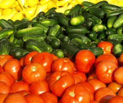 Tomatoes, cucumbers ans squash or sale at a local farmers market