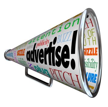 A bullhorn megaphone covered with words describing advertising such as advertise, promotion, public relations, marketing, attention, audience, plug, buzz and many more