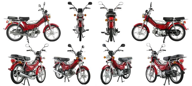 Collection of photos of scooters and motorcycles on a white background. Some images from different foreshortenings in one file.