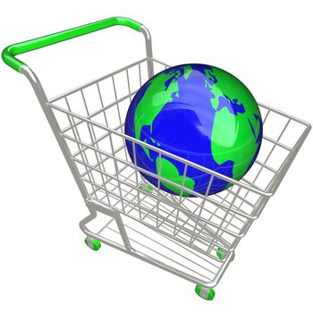 A blue and green earth globe is in a shopping cart representing environmentally friendly products that you can buy and make a difference for the environment and all life within it