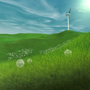 In spring, a wind turbine on a plain, generates electricity