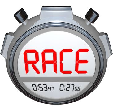 A stopwatch records the time for a racing sport event, with the word Race on the digital display in large letters, with buttons on the side for starting and stoping the watch