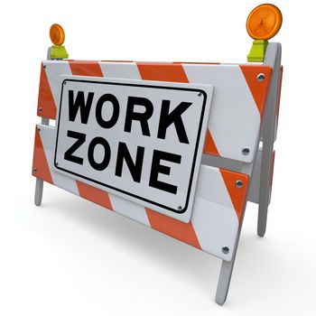 An orange and white construction barricade sign blocking an area that is a designated work zone where workers are improving a road, sidewalk or other public transportation feature