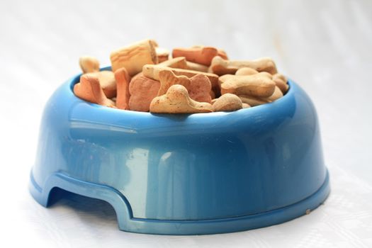 Blue bowl with dog cookies in different colors, shapes and maybe tastes too...