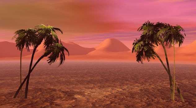 An island with two palm trees on a pink landscape