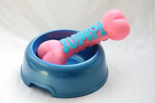 Pink plastic bone in blue dog bowl