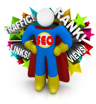 A superhero with an emblem reading SEO has arrived to teach you how to improve your search engine optimization and boost web views and traffic to generate more online income