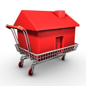 ISOLATED SHOPPING CART carrying a red plastic house