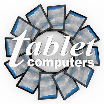 Several tablet computers in a circular pattern representing the latest technology devices to help you with web browsing, applications, reading digital books and more
