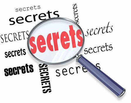 Secrets uncovered by a magnifying glass representing the search for clues in a mystery, with an investigator on the case hunting down facts and unknown pieces to the puzzle