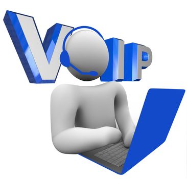 The word acronym VOIP or V.O.I.P. illustrated behind a person talking to someone via his laptop computer on the internet using the latest communication technology