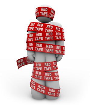A person is wrapped up in red ribbon with the words Red Tape repeated all over it, representing getting caught up in a mess of bureaucratic rules, regulations and procedures while trying to get something done