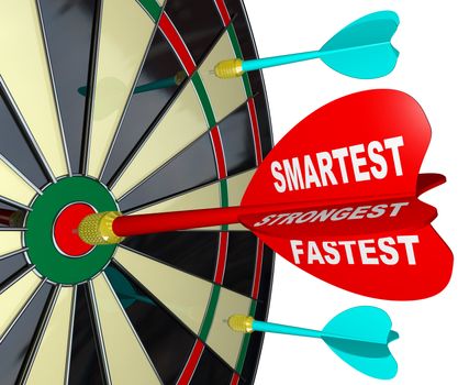 One of several competing darts hits the center bulls-eye of a target on a dart board, with the words Smarter, Stronger, Faster on it representing the success and winning of the best competitor for a prize or job