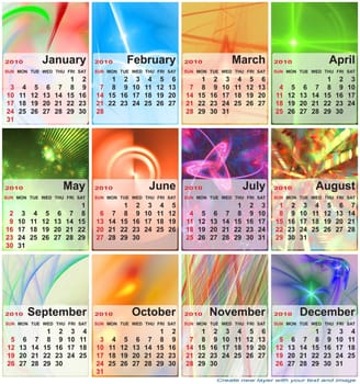 Abstract design template for 2010 calendar. Based on rendering of 3d fractal graphics. For using create new layer with your text and image.