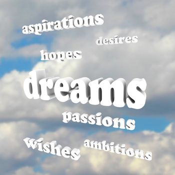 Several words around the word Dreams representing our goals in life: desires, passions, ambitions, hopes, aspirations, wishes