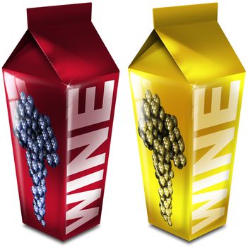 Two illustrations of boxes of wine, one red wine, one white wine