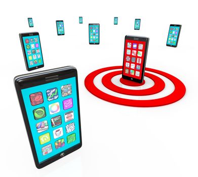 Many modern smart phones with touch screens showing a menu of application app icons and one phone is targeted with a red bulls-eye target