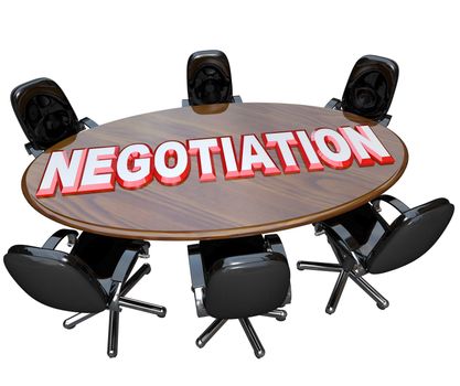 The word negotiation on a wooden conference room table where a goup of people would meet to discuss and agree upon a labor, legal or governmental pact