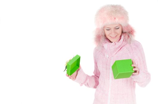 Beautiful woman with a green gift box