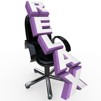 The word Relax reclining on a black leather office chair, illustrating the importance of taking a break or period of relaxation to relieve the stress of a busy work life