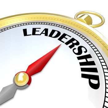 A compass with needle pointing to the word Leadership, representing the importance of a good capable leader to lead his team out of crisis and into success and reaching goal