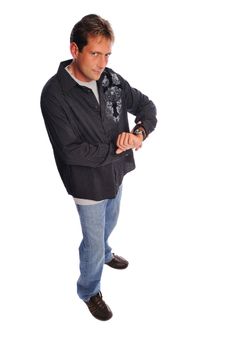 a man looking at his watch set on a white background