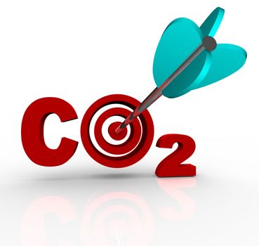 The letters CO2 representing Carbon Dioxide with a target bulls-eye in place of the O and an arrow hitting the middle of it, symbolizing a successful reduction of the harmful greenhouse gas
