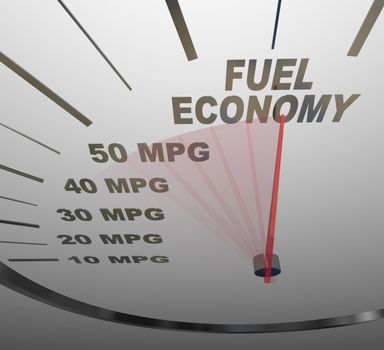 The words Fuel Economy on a vehicle speedometer with a red needle racing past numbers 10, 20, 30, 40, 50 MPG as the automobile achieves an improved efficiency rating as mandated by the government
