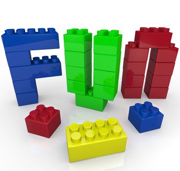 The word Fun built with plastic toy building blocks in several colors representing the power of imaginative and creative play