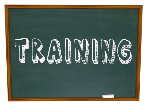 The word Training written or drawn on a school classroom chalk board, illustrating the need and importance to be educated in skills that will help you succeed in life