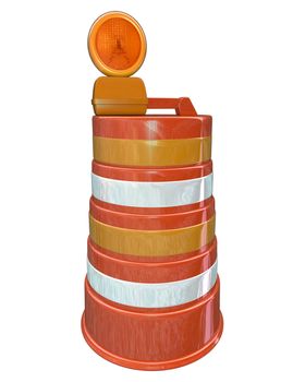 An orange construction barrel for a road work project warning drivers and pedestrians that street or highway improvement and rebuilding is happening