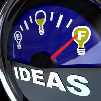 A vehicle fuel gauge with the word Ideas and needle pointing to a full light bulb symbol, representing that the leader or team has sufficient innovative and brain power to achieve a goal or complete a task successfully