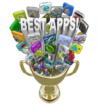 A golden first place trophy with the words Best Apps and many application app tile icons shooting out of it