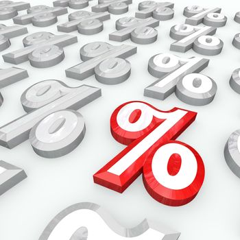 Many percent signs and one standing out as the best interest rate, growth increase or return on investments, or the lowest decrease in an undesirable figure