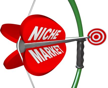 A bow and arrow with the words Niche Market and aiming at a red bulls-eye target, illustrating the pintpoint precision and focus needed to hone in on a specific market or audience