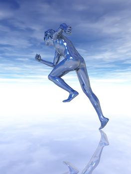 sculpture man runs under cloudy blue sky - 3d illustration