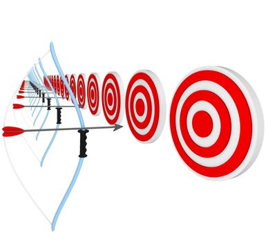 Many bows and arrows lined up and aiming at target bulls-eyes, representing a competition of several athletes or business people competing for a job or sale