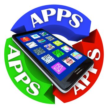 A modern smart phone with app application icons on its display surrounded by arrows in a circle showing the word Apps