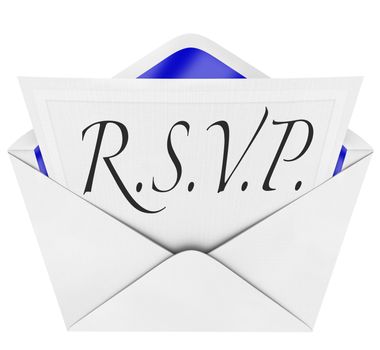 An opening envelope revealing a formal  RSVP response to an invitation to a special party or event, with the cursive hand-written abbreviation or phrase R.S.V.P.