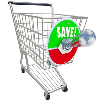 A shiny metal shopping cart on a white background and a switch flipped up into Save position, symbolizing the savings of a special sale or discount program at a store