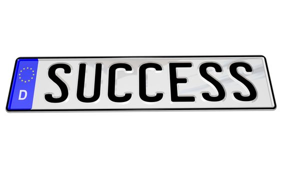 A german automobile license plate with the word Success spelled out in letters, representing the successful life of its driver