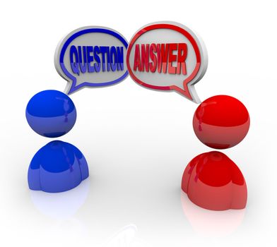 Two illustrated people with speech bubbles and the words Question and Answer representing a discussion that aims to solve a problem in a friendly or customer support forum