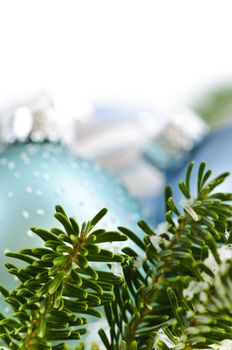 Many Christmas decorations laying in pine branches