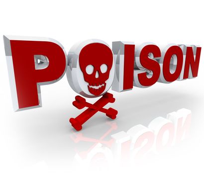 The word Poison in 3D red letters with a skull and crossbones in place of the first letter O, symbolizing death and murder