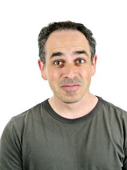 Portrait of a man making a silly face isolated on white background