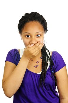 Isolated portrait of beautiful black teenage girl covering mouth