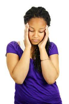 Isolated portrait of worried teenage girl with headache