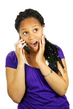 Isolated portrait of surprised teenage girl with cell phone