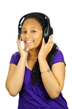Isolated portrait of black teenage girl listening to headphones