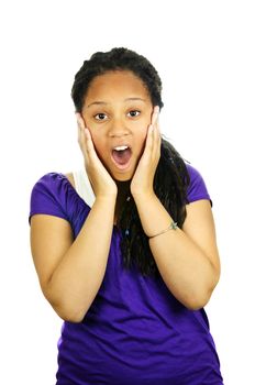 Isolated portrait of surprised black teenage girl